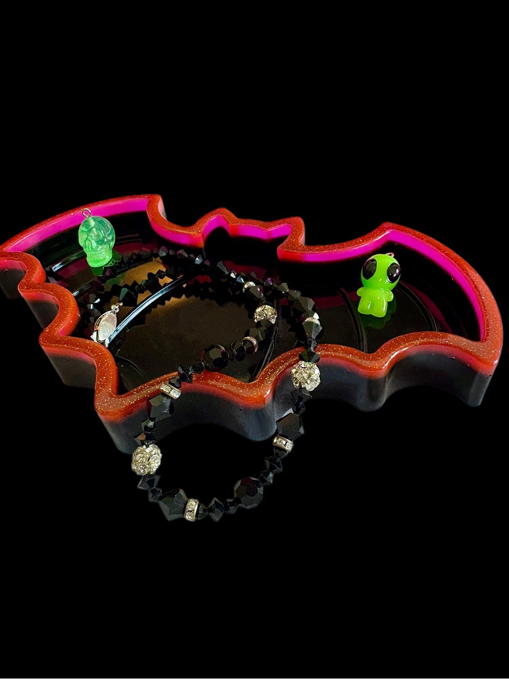 Handmade Resin Glitter Bat Trinket Tray Pink + Black
